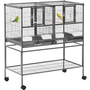 PawHut Doppia Gabbia per Uccelli con 4 Ruote 95x45.5x102cm Nero Grigio