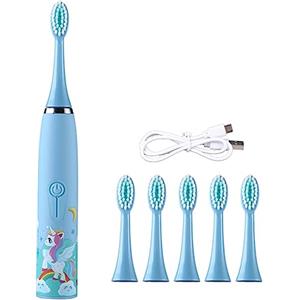 AGONEIR Spazzolino da denti automatico per bambini, spazzolino elettrico per bambini, 4 modalità di pulizia, impermeabile IPX6, blu/verde/azzurro, giallo