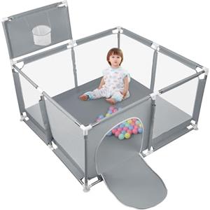 HUOLE Box per Bambini, Recinto per Bambini Pieghevole in Tessuto Oxford con Rete Traspirante, Box per Neonati con Giochi che Include 50 Palline, 126 * 126 * 66 cm - Grigio scuro