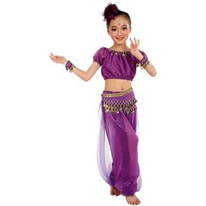 Generic Costume da ballo per bambini Top e pantaloni 2 pezzi Costume da ventre indiano per ragazze Costume da performance Gonna con paillettes Costumi arabi Bollywood Spettacolo di danza indiana Halloween