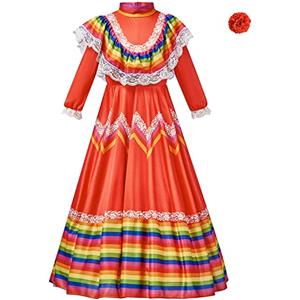 Generisch Tradizionale Messicano Abito Da Principessa Per Ragazze Manica Lunga Costume Da Danza Con Copricapo Per Feste Di Carnevale (Rosso, 3-4 Anni)