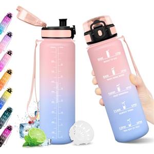 KollyKolla Borraccia 1L, Riutilizzabile, Bottiglia con Filtro, Borraccia con Indicatore del Tempo Motivazionale senza BPA, A Prova di Perdite, ideale per Adulti, Bambini, Scuola, Ufficio