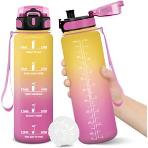 Motswedi Borraccia, 1000ML Senza BPA, Borraccia Bambini, Design della serratura a prova di perdite, Borraccia Motivazionale, Con marca temporale, Bottiglia Acqua per Yoga, Sport, Scalare Montagne - Giallo Rosa