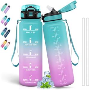 Grsta Borraccia 1 Litro, Borraccia con Cannuccia Senza Perdite, Borraccie Motivazionale con Scala Temporale, Borraccie per Bere di Piu, Facile da Pulire, Borracce per Corsa, Trekking, Yoga, Verde-Rosa
