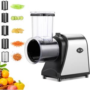 Nictemaw Affettatrice elettrica per verdure 250 W, Taglia Verdure Grattugia 5 in 1 con ampia bocca di riempimento, Mandolina multifunzionale per frutta, verdura e formaggio