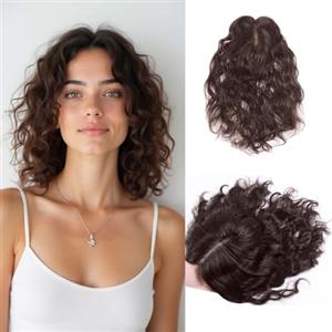 EREE HAIR Topper per capelli veri ricci corti umani per donne con capelli radi, clip in parte centrale da 8 pollici, copertura per piccola area, Marrone scuro, base in seta da 2,7 x 3,9 pollici