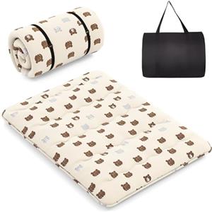 LIFEZEAL Futon Giapponese da Pavimento, Singolo 140x200cm, Materasso Futon da Terra, Tatami Cotone, Arrotolabile, Portatile, Pieghevole, con Fodera Lavabile, Borsa per Campeggio, Motivo di Orsetto