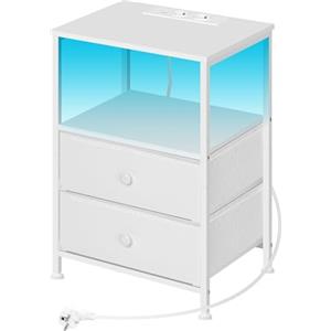 WOLTU Comodino con Prese di Corrente, Tavolino con Luce LED Bianco | 2 Cassetti in Tessuto e Ripiani Aperti, Comodino Smart, per Soggiorno, Camera da Letto e Ufficio, Metallo + MDF