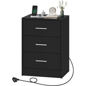 WOLTU Comodino con Stazione di Ricarica Nero 39x28,5x54,5 cm | Comodino con 3 Cassetti per Soggiorno, per Camera da Letto, Studio