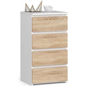 AKORD | Cassettiera a 4 Cassetti | Credenza Alta | Moderna Mobiletto per Soggiorno Sala da Pranzo Camera da Letto Corridoio Bagno | Armadio Cameretta | 35x40x74 cm | Bianco | Rovere Sonoma
