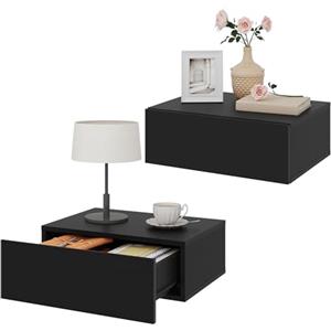 WOLTU Set di 2 Comodini Galleggianti, Comodini a Parete Neri con Cassetto, Mensole da Letto, Mobili da Camera da Letto in Legno, NTS24sz-2