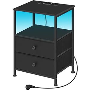 WOLTU Comodino con Prese di Corrente, Tavolino con Luce LED, 2 Cassetti in Tessuto e Ripiani Aperti, Comodino Smart Nero, per Soggiorno, Camera da Letto e Ufficio, Metallo + MDF, NTS27sz