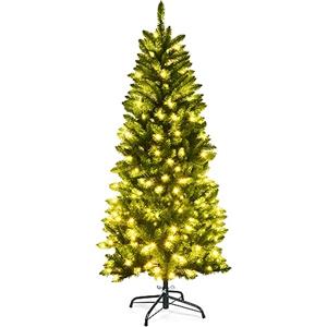 COSTWAY Albero di Natale Slim 150/180/210 cm, Albero di Natale con 150/250/350 Luci LED, 300/743/995 Rami Folti e Base di Metallo, Decorazione Natalizia per Casa e Ufficio (150cm)