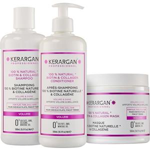 Kerargan - Trio Volumizzante Shampoo, Balsamo & Maschera alla Biotina & Collagene per Capelli Piatti, Sottili e Spenti - Senza Solfati, OGM, Silicone, Olio Minerale - 3x500ml+1x100ml