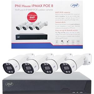 PNI House IPMAX POE-8 Kit Videosorveglianza con NVR e 4 Telecamere-IP, Risoluzione 8MP, Visione Notturna, Rilevazione di movimento, Impermeabile IP66, Compatibile con tecnologia-IP
