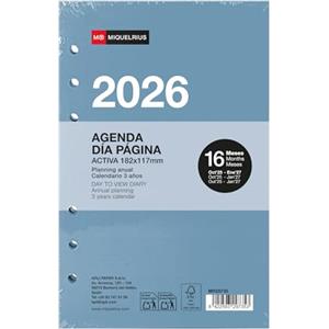 Miquelrius - Ricambio agenda 2026, 16 mesi, giorno pagina, ricambio agenda ad anelli, Similar A6+ (117x182mm) ricambio agenda 6 anelli, spagnolo-EN-PT