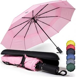 WLine Wind Ombrello Pieghevole Antivento da Pioggia con 10 Aste Rinforzate e Tela Idrorepellente 210T - Ombrello Portatile Resistente Apri e Chiudi Automatico, Diametro 104cm (Rosa con Custodia)