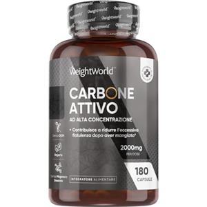 WeightWorld Carbone Vegetale Attivo da 2000mg in 180 Capsule Vegane, Il Carbone Attivo Contribuisce a Ridurre l'Eccessiva Flatulenza Dopo Aver Mangiato (EFSA), Activated Charcoal, Senza Magnesio Stearato né OGM