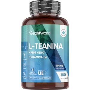 WeightWorld L Teanina 401mg, 180 Capsule Vegane, 1 al Giorno (6 Mesi di Scorta), L-Teanina Estratta dalla Camellia Sinensis con Pepe Nero e Vitamina B6, Aminoacido L Theanine da Tè Verde, Senza Magnesio Stearato