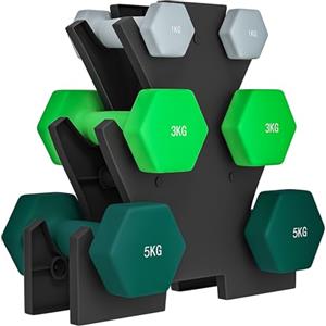 SPORTNOW Set di Manubri da Palestra con Supporto, 2x1 kg, 2x3 kg, 2x5 kg, Manubri per Palestra Esagonali in Metallo con Impugnatura, Allenamento Fitness Casa, Multicolore