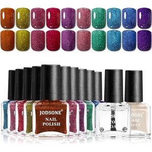 JODSONE Smalto Riflettente 5ml - 12 Colori con Base e Top Coat, Glitter Rosso/Blu/Viola/Verde, Asciugatura Rapida, Brillante, Manicure Invernale, Lunga Durata, Regalo