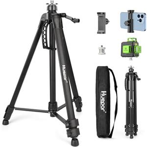 Huepar Treppiede in Alluminio per Livelli Laser a Punto-Testa Piatta, Impugnatura con Livella a Bolla, Filetto 5/8"-11 + Adattatore 1/4"-20, Supporto per phone Incluso, Borsa da Trasporto - TPD16A1