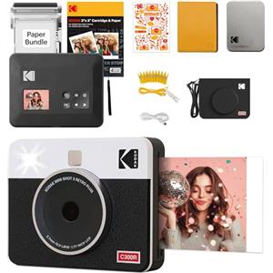 KODAK Mini Shot 3 Retro 4PASS 2-in-1 Fotocamera Istantanea & Stampante Fotografica (7,6x7,6cm) + 38 Fogli Accessori Bundle, Bianco