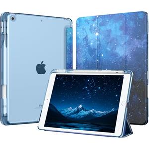 MoKo Cover per iPad 9a/8a/7a Generazione 10,2 Pollici 2021/2020/2019 con Portapenna, Custodia Trifold Sottile e Leggera con Retro in PC Rigido Traslucido, Auto Svegliati/Sonno, Cielo Stellato Blu