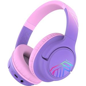 PowerLocus Cuffie wireless per bambini, Bluetooth, luci LED sopra l'orecchio, volume fino a 94 dB, 45 ore di riproduzione, microfono integrato