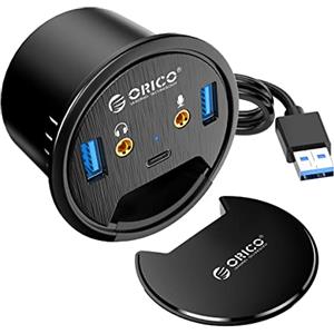 ORICO Usb Hub in Desk, 5 in 1 Usb Hub Multifunzione con 2 Porte USB 3.0, 2 Audio (3,5 mm) e 1 Tipo C Adatto per Fori con un Diametro di 60 e un'Altezza di 4,7 (Nero)