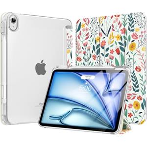 MoKo Cover per iPad Air 11 Pollici Case (M4/M3/M2) 2026/2025/2024, iPad Air 5a/4a Gen 10,9" 2022/2020 con Portapenna, Cover Trifold Sottile e Leggera con Retro in PC Rigido Traslucido, Fiori