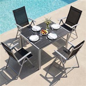 LIFERUN Set di 5 Mobili da Giardino in Alluminio, Tavolo Rettangolare 110x70 cm + 4 Sedie Pieghevoli Regolabili, Resistente alle Intemperie, Arredamento per Terrazza, Balcone e Esterno, Grigio Argento