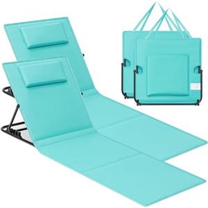 SONGMICS Set di 2 Lettini da Spiaggia, Sedie a Sdraio, Lettini Prendisole, Cuscino, Schienale Inclinabile, Portatile con Manico, per Campeggio Giardino Piscina, 158 x 55 cm, Blu Turchino GCB251C01