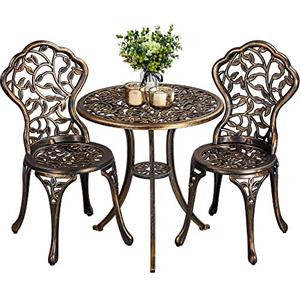 Yaheetech Set di Tavolo e Sedie da Giardino 2 Sedie 3 Pezzi Bistrò Veranda Set Mobili Balcone Motivo a Foglia in Alluminio Bronzo