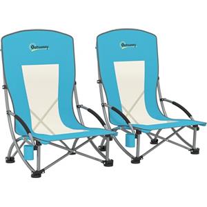 Outsunny Set di 2 Sedie da Spiaggia Pieghevoli con Schienale a Rete, Sedie da Campeggio con Braccioli con Portabicchieri e Borsa di Trasporto, Blu