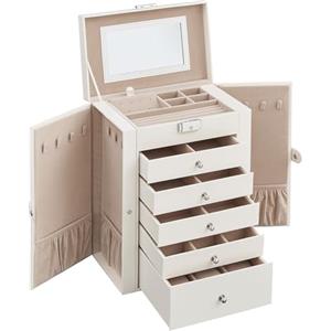 SONGMICS Scatola Portagioie a 6 livelli, Porta Gioielli con 5 Cassetti, Capiente, con Specchio Interno, Chiusura a Chiave, Cofanetto Portagioie, Idea Regalo, per Orologi, Bianco JBC152W01