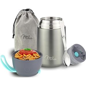 Milu Thermo per Alimenti 300ml 440ml 450ml 650ml 800ml I Contenitore Termico di Acciaio Inossidabile, Isotermico Sottovuoto per Cibi Caldi e Freddi (Grigio, 650ml)