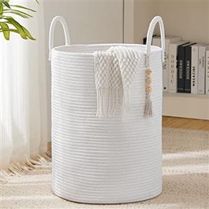 YOUDENOVA Cesto Portabiancheria Intrecciato per Giocattoli,Cesto Biancheria Sporca con Maniglia Cotone, Cesta Decorativa per Vestiti 58L bianco puro