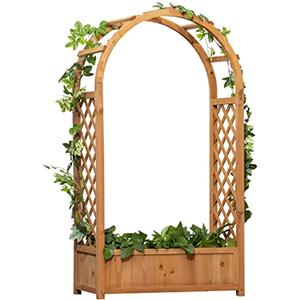 Outsunny Letto per Orto Rialzato da Esterno con Grigliato e Arco Decorativo, Fioriera da Esterno a Fondo Cavo per Piante Rampicanti in Abete, per Fiori e Verdure, 83x36x152 cm, Marrone