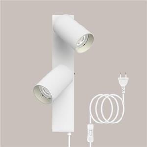 TaFiCo Applique da Parete con Spina e Cavo 2 Luci Bianco GU10 - Lampada da Muro Interno Moderna Ruotabile 350° - 7W Abat Jour da Muro per Camera da Letto Soggiorno Corridoio - Senza Lampadina