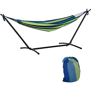 Outsunny Amaca da Giardino Sospesa 310x117 cm con Altezza Regolabile e Supporto, Capacità 120 kg, Amaca Autoportante con Borsa di Trasporto, per Campeggio, Giardino, Balcone, Patio, Verde e Azzurro