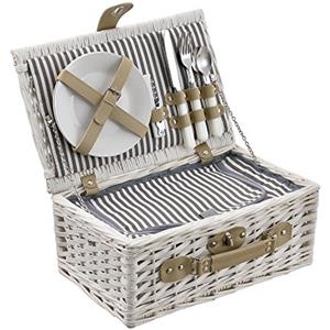 casa.pro Cestino da Picnic per 2 Persone Valigia Picnic in Rami di Salice Vintage Set Incluso Piatti Posate Bicchieri Borsa Termica Cavatappi - Esterno Bianco