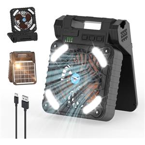 Smiling Shark Ventilatore da Campeggio con LED Luce, 6000mAh Portatile 4 Velocità 3 Luminosità Solare Ventilatore per Tavolo con Power Bank&Timer Ricaricabile Ventilator da Esterno per Viaggi Lavoro