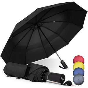 WLine Wind Ombrello Pieghevole Antivento da Pioggia con 10 Aste Rinforzate e Tela Idrorepellente 210T - Ombrello Portatile Resistente Apri e Chiudi Automatico, Diametro 104cm (Nero senza Custodia)