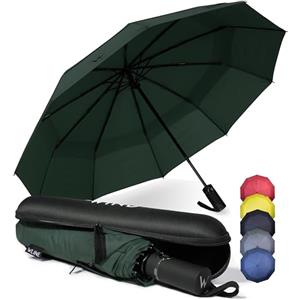WLine Wind Ombrello Pieghevole Antivento da Pioggia con 10 Aste Rinforzate e Tela Idrorepellente 210T - Ombrello Portatile Resistente Apri e Chiudi Automatico, Diametro 104cm (Verde con Custodia)