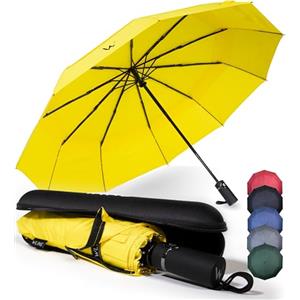 WLine Wind Ombrello Pieghevole Antivento da Pioggia con 10 Aste Rinforzate e Tela Idrorepellente 210T - Ombrello Portatile Resistente Apri e Chiudi Automatico, Diametro 104cm (Giallo con Custodia)