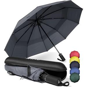 WLine Wind Ombrello Pieghevole Antivento da Pioggia con 10 Aste Rinforzate e Tela Idrorepellente 210T - Ombrello Portatile Resistente Apri e Chiudi Automatico, Diametro 104cm (Grigio con Custodia)