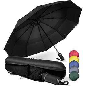 WLine Wind Ombrello Pieghevole Antivento da Pioggia con 10 Aste Rinforzate e Tela Idrorepellente 210T - Ombrello Portatile Resistente Apri e Chiudi Automatico, Diametro 104cm (Nero con Custodia)