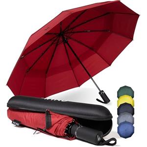 WLine Wind Ombrello Pieghevole Antivento da Pioggia con 10 Aste Rinforzate e Tela Idrorepellente 210T - Ombrello Portatile Resistente Apri e Chiudi Automatico, Diametro 104cm (Rosso con Custodia)