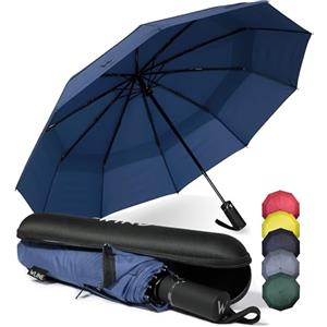 WLine Wind Ombrello Pieghevole Antivento da Pioggia con 10 Aste Rinforzate e Tela Idrorepellente 210T - Ombrello Portatile Resistente Apri e Chiudi Automatico, Diametro 104cm (Blu con Custodia)